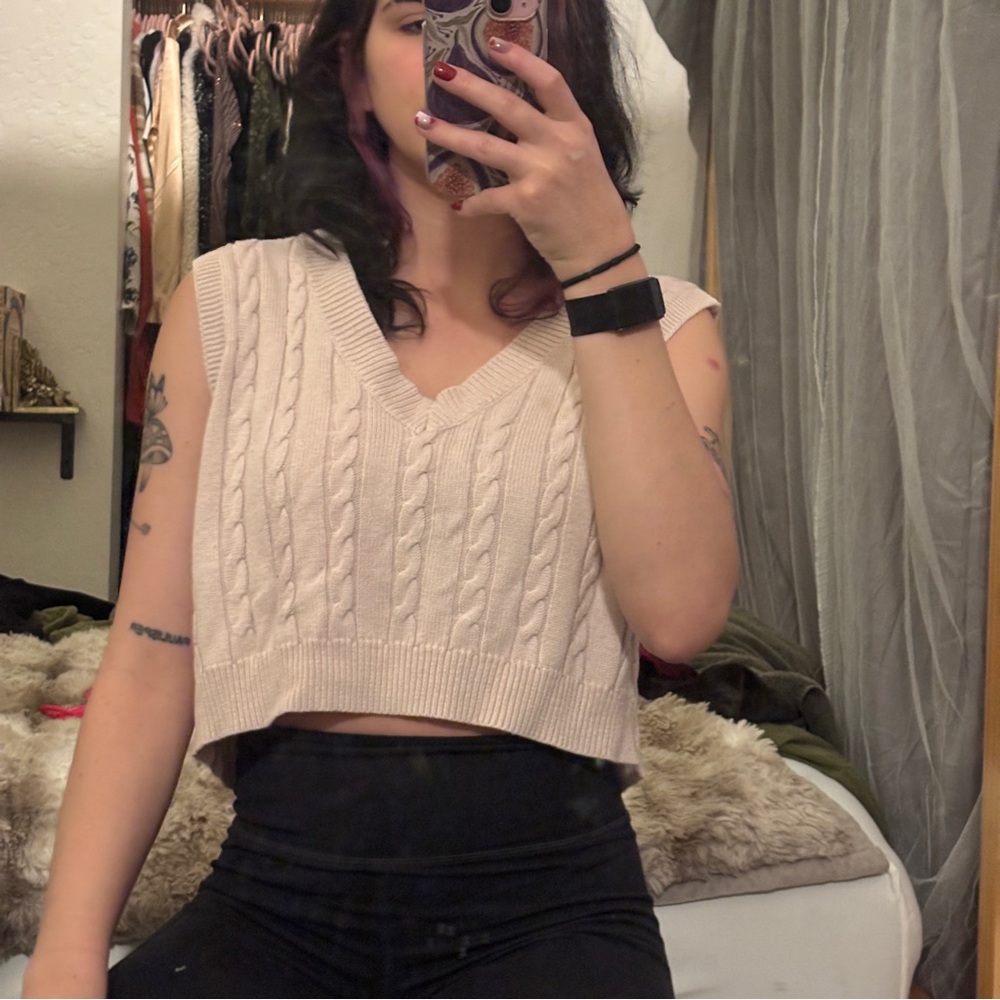 Altar'd State Baby Pink Cable-Knit V-Neck Cropped Sweater Vest